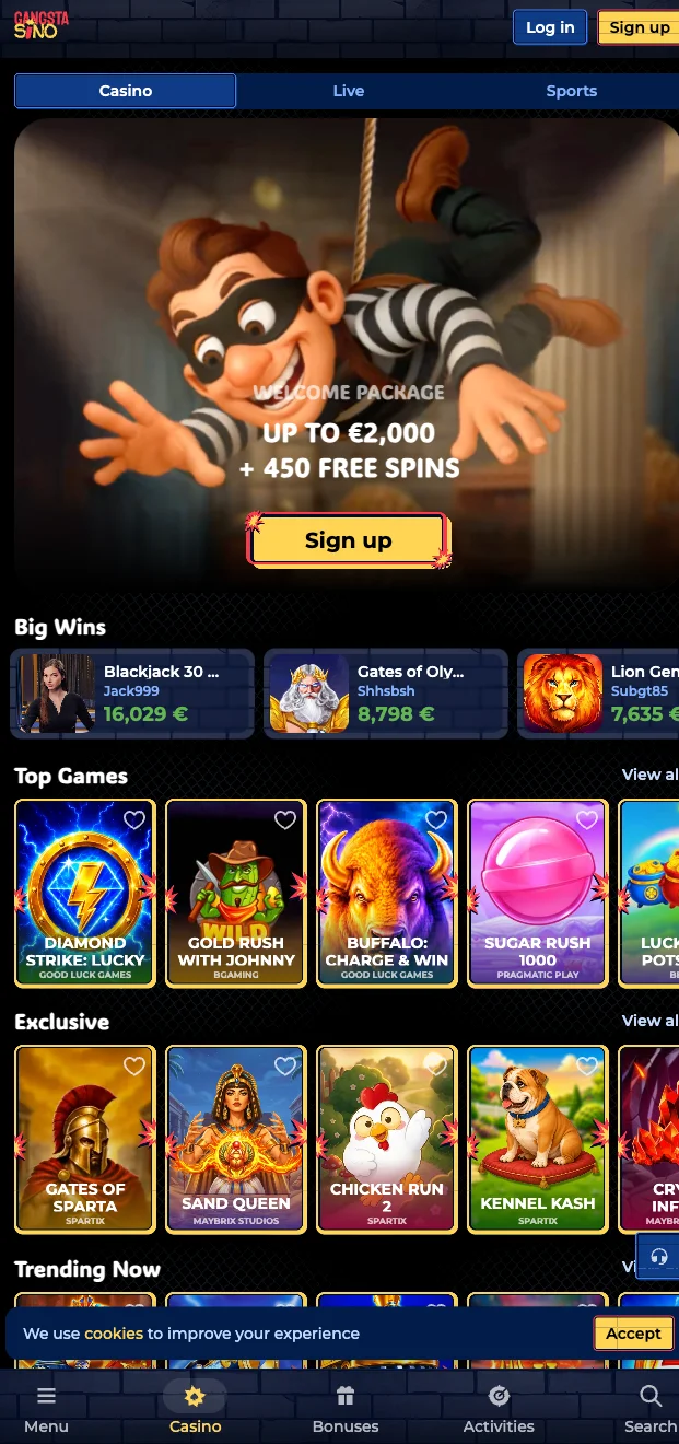 Casino Gangstasino v aplikaci a prohlížeči
